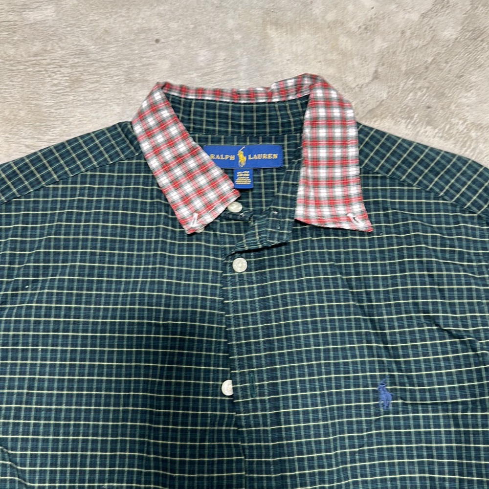 Green checkered‎ shirt w/ red/green checkered collar long sleeve shirt / Size XL - Picture 3 of 7